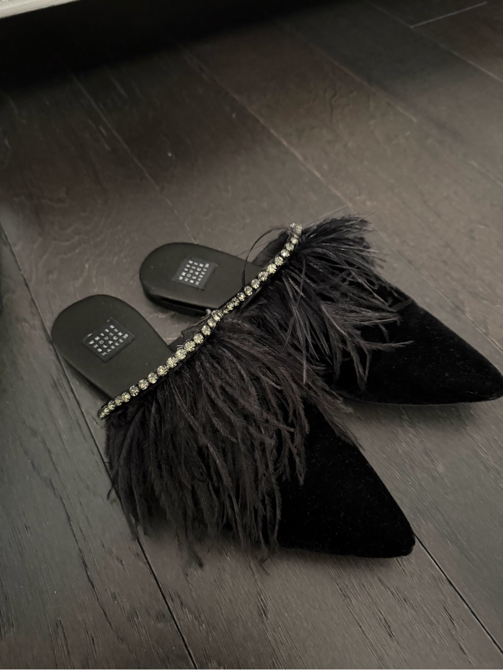NWOT White House Black Market Black Feather & Crystal Mules